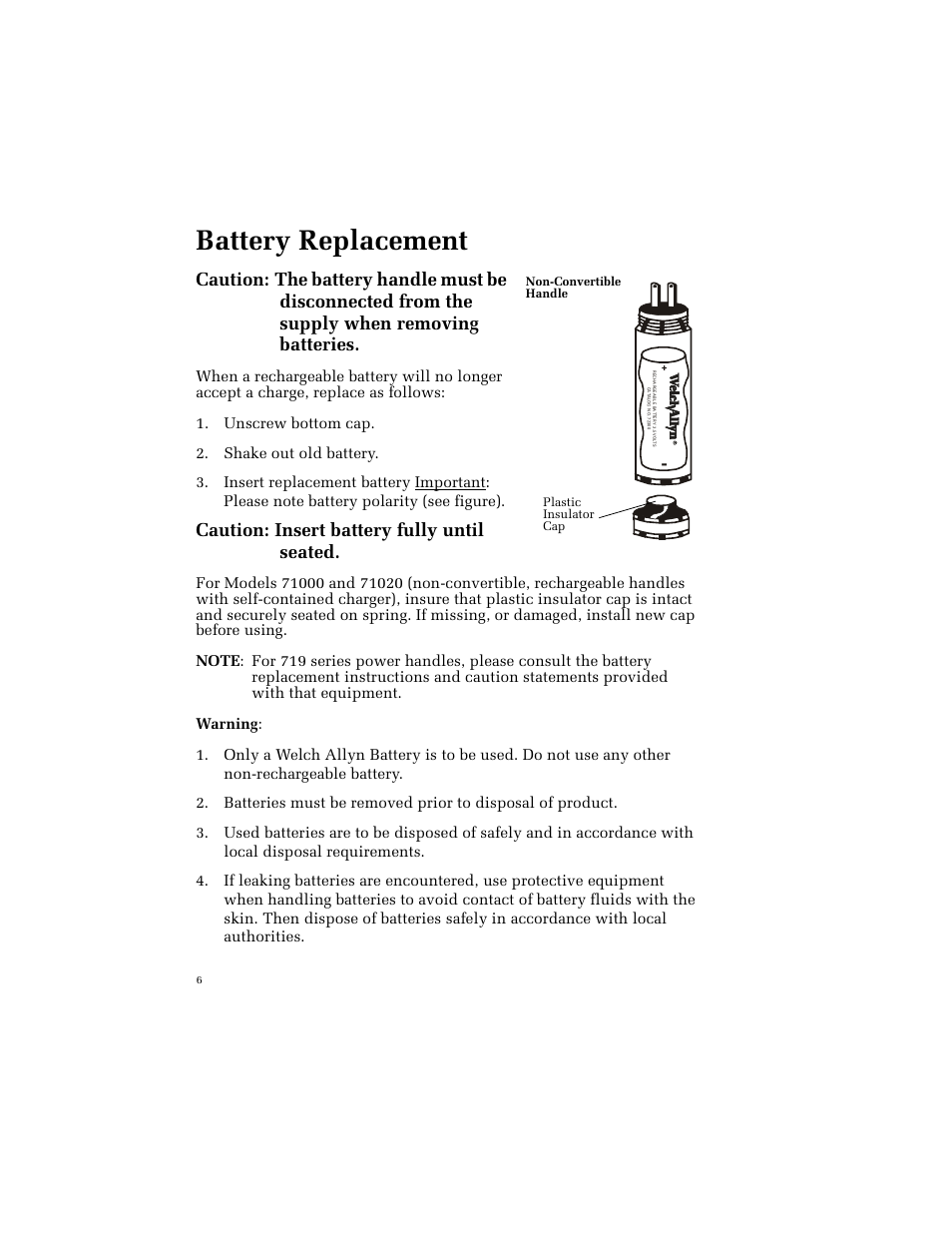 Battery replacement, Unscrew bottom cap, Shake out old battery | Caution: insert battery fully until seated | Welch Allyn 23120P (PAL) CompacVideo Otoscope - User Manual User Manual | Page 11 / 16