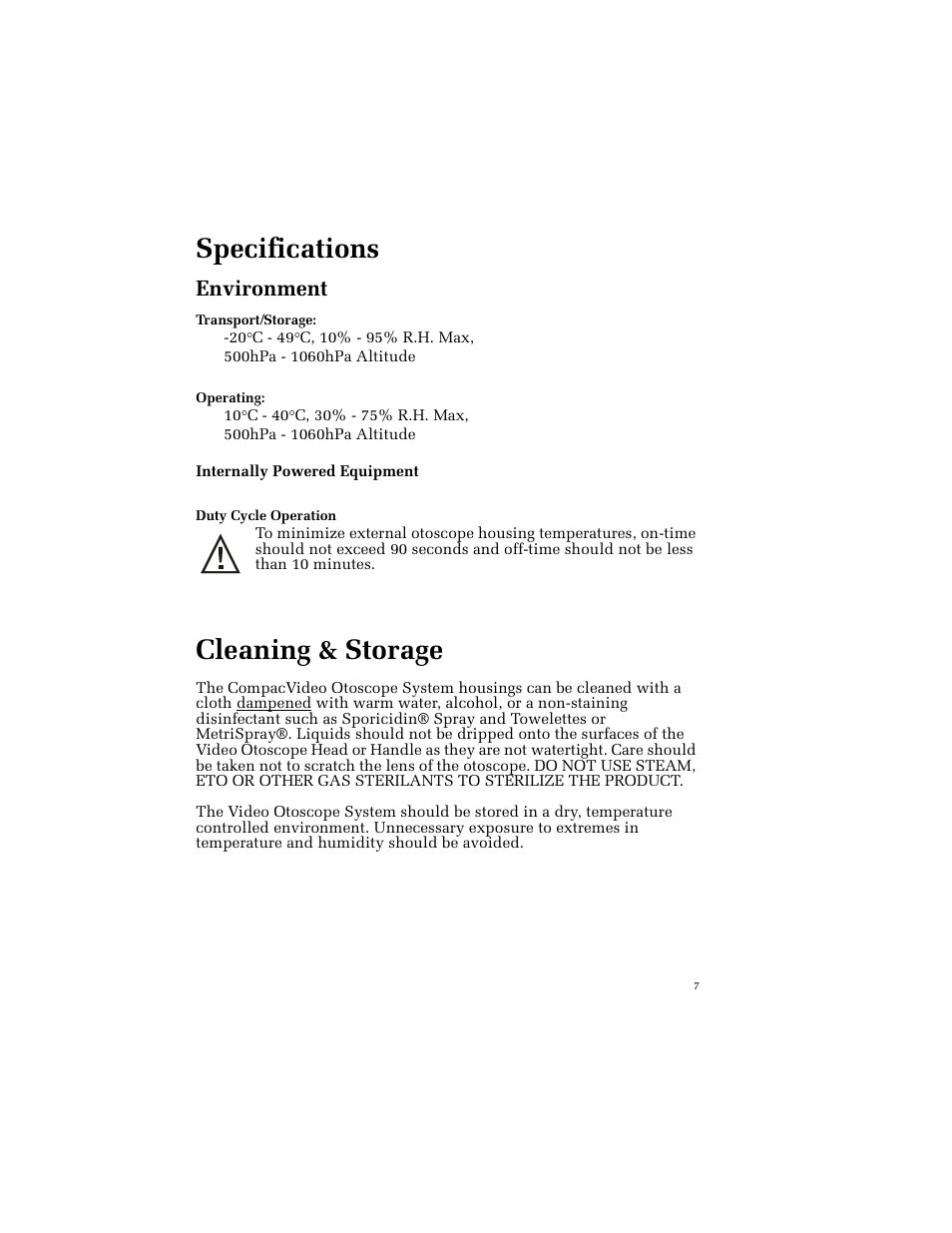 Specifications, Environment, Cleaning & storage | Welch Allyn 23120P (PAL) CompacVideo Otoscope - User Manual User Manual | Page 12 / 16