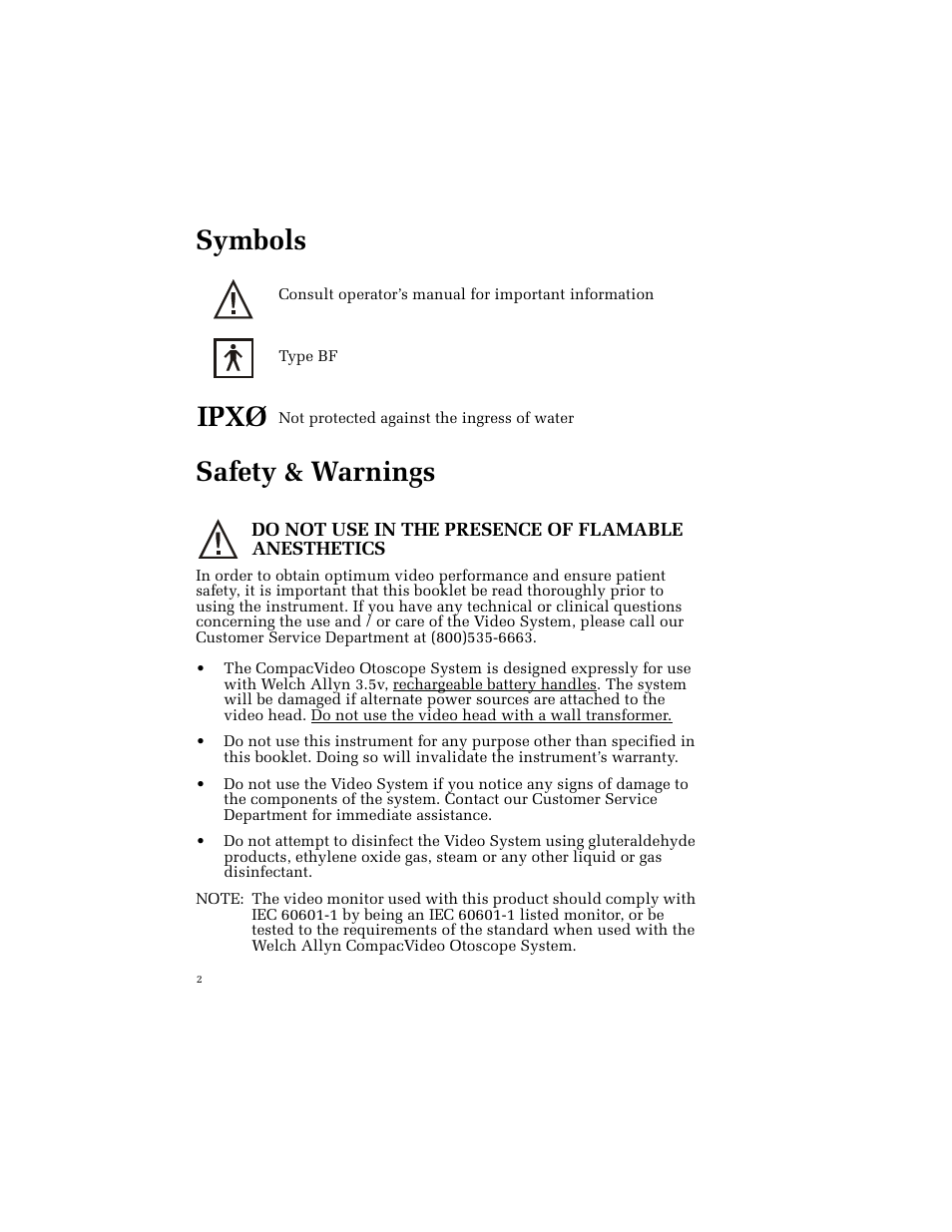 Symbols, Ipxø, Safety & warnings | Do not use in the presence of flamable anesthetics | Welch Allyn 23120P (PAL) CompacVideo Otoscope - User Manual User Manual | Page 7 / 16