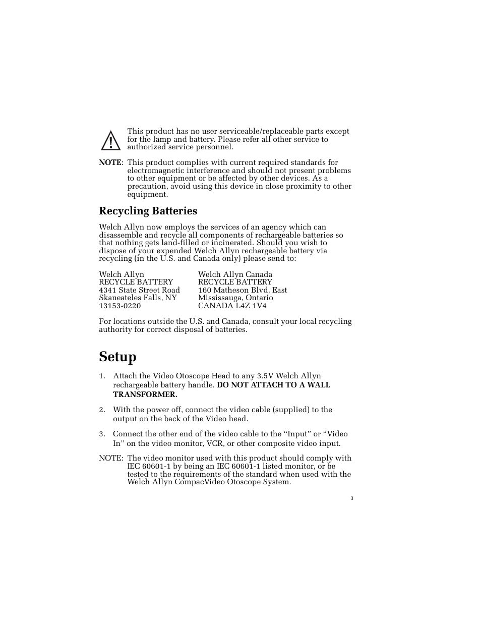 Recycling batteries, Setup | Welch Allyn 23120P (PAL) CompacVideo Otoscope - User Manual User Manual | Page 8 / 16