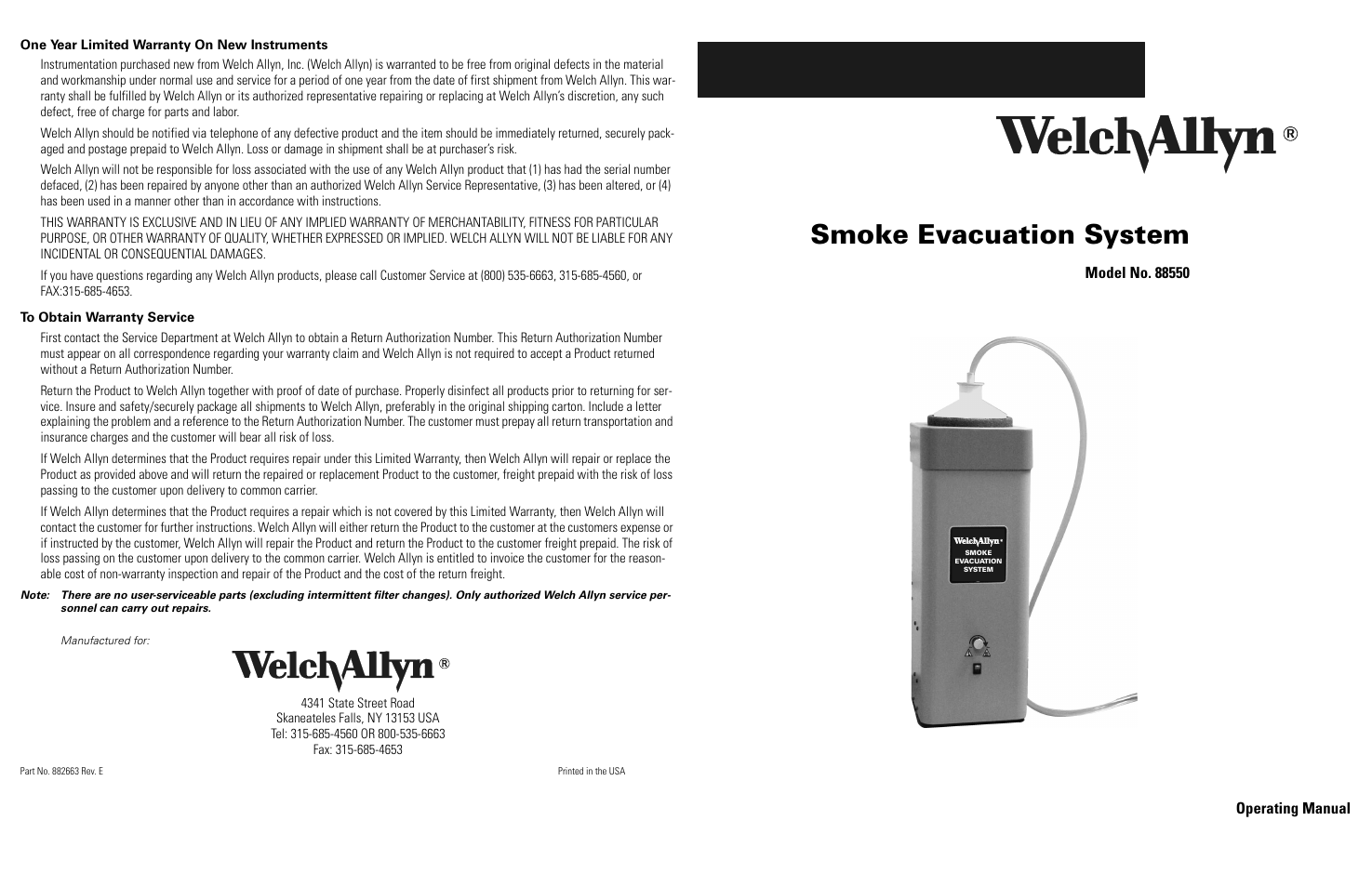 Welch Allyn 88550 Smoke Evacuation System - User Manual User Manual | 2 pages