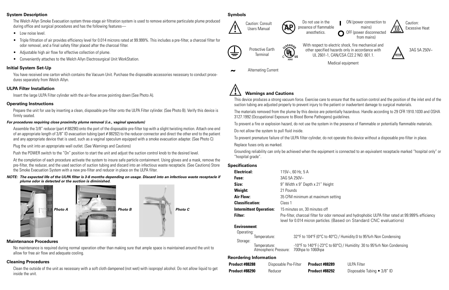 Welch Allyn 88550 Smoke Evacuation System - User Manual User Manual | Page 2 / 2