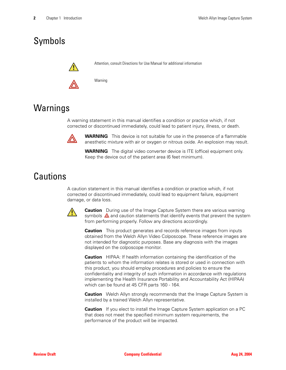 Symbols, Warnings, Cautions | Symbols warnings cautions, Symbols warnings | Welch Allyn Image Capture System - User Manual User Manual | Page 10 / 50