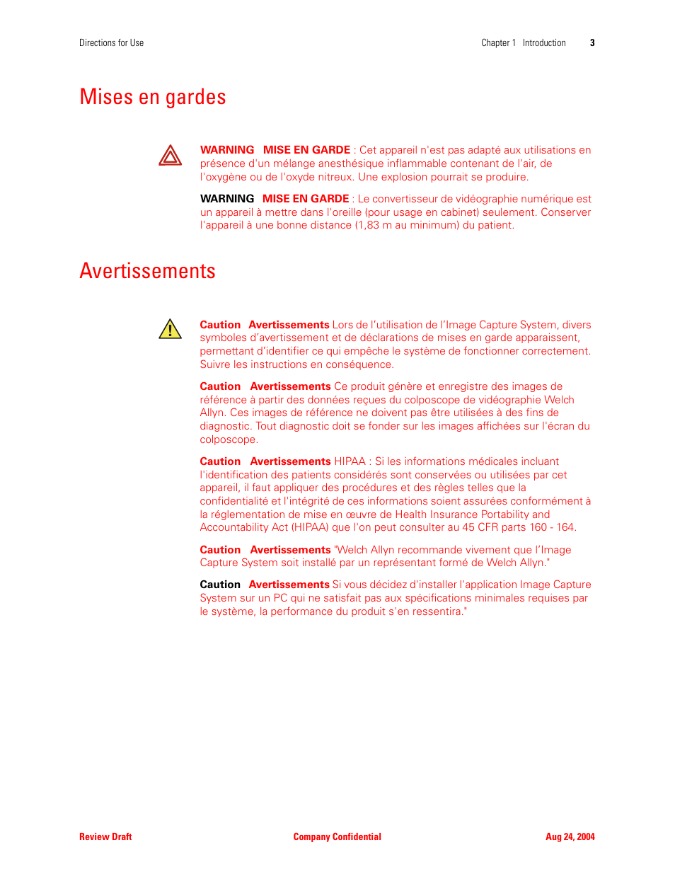 Mises en gardes, Avertissements, Mises en gardes avertissements | Welch Allyn Image Capture System - User Manual User Manual | Page 11 / 50