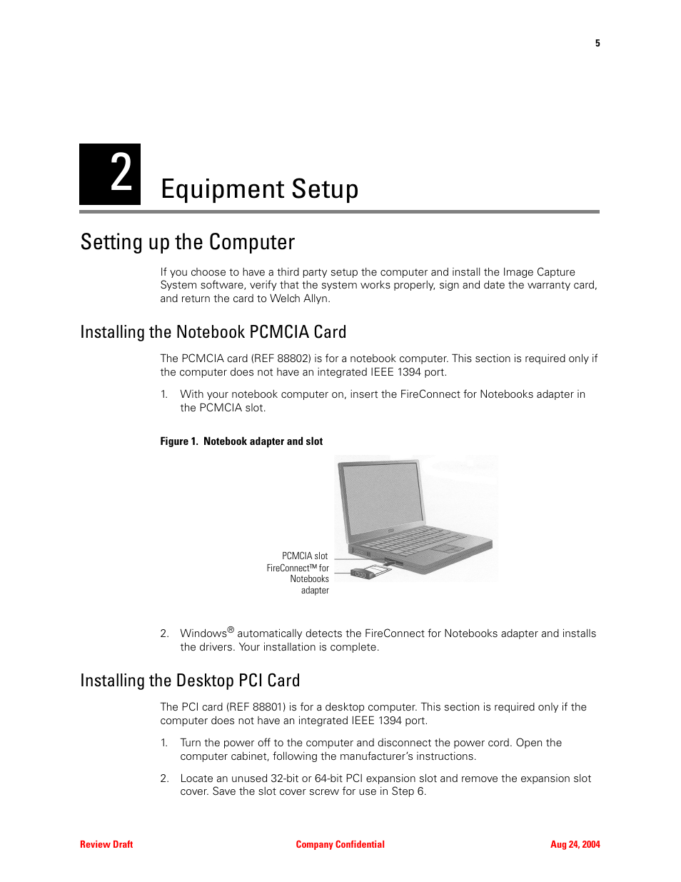 Equipment setup, Setting up the computer, Installing the notebook pcmcia card | Installing the desktop pci card, 2 - equipment setup | Welch Allyn Image Capture System - User Manual User Manual | Page 13 / 50