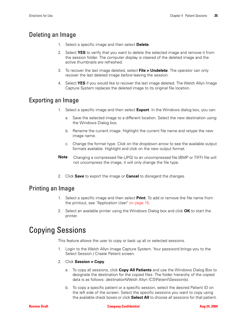 Deleting an image, Exporting an image, Printing an image | Copying sessions | Welch Allyn Image Capture System - User Manual User Manual | Page 33 / 50