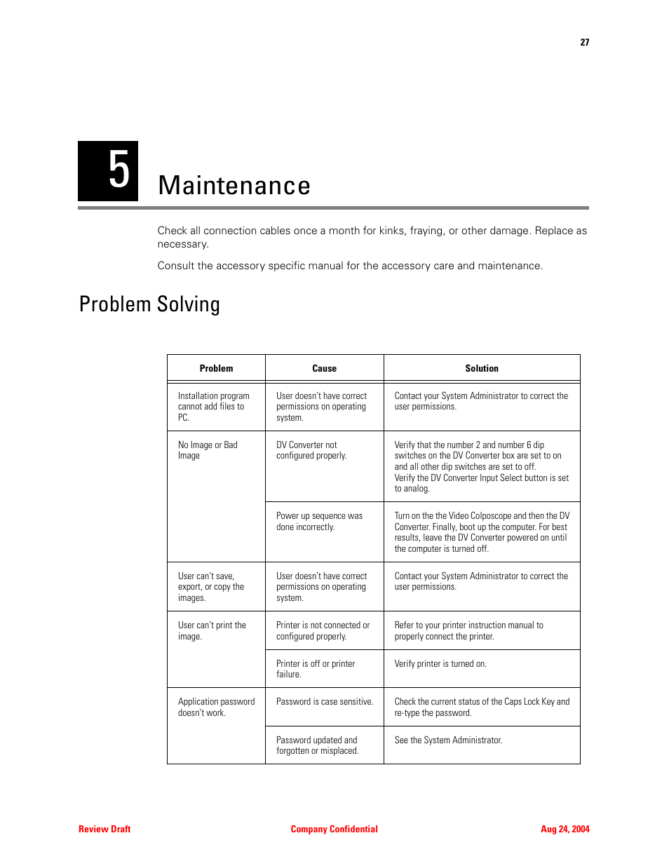 Maintenance, Problem solving, 5 - maintenance | Welch Allyn Image Capture System - User Manual User Manual | Page 35 / 50