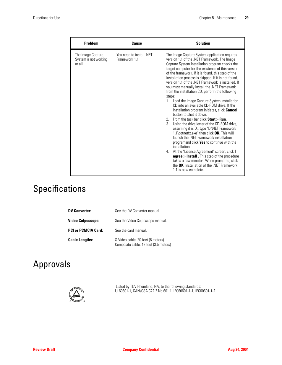 Specifications, Approvals, Specifications approvals | Welch Allyn Image Capture System - User Manual User Manual | Page 37 / 50