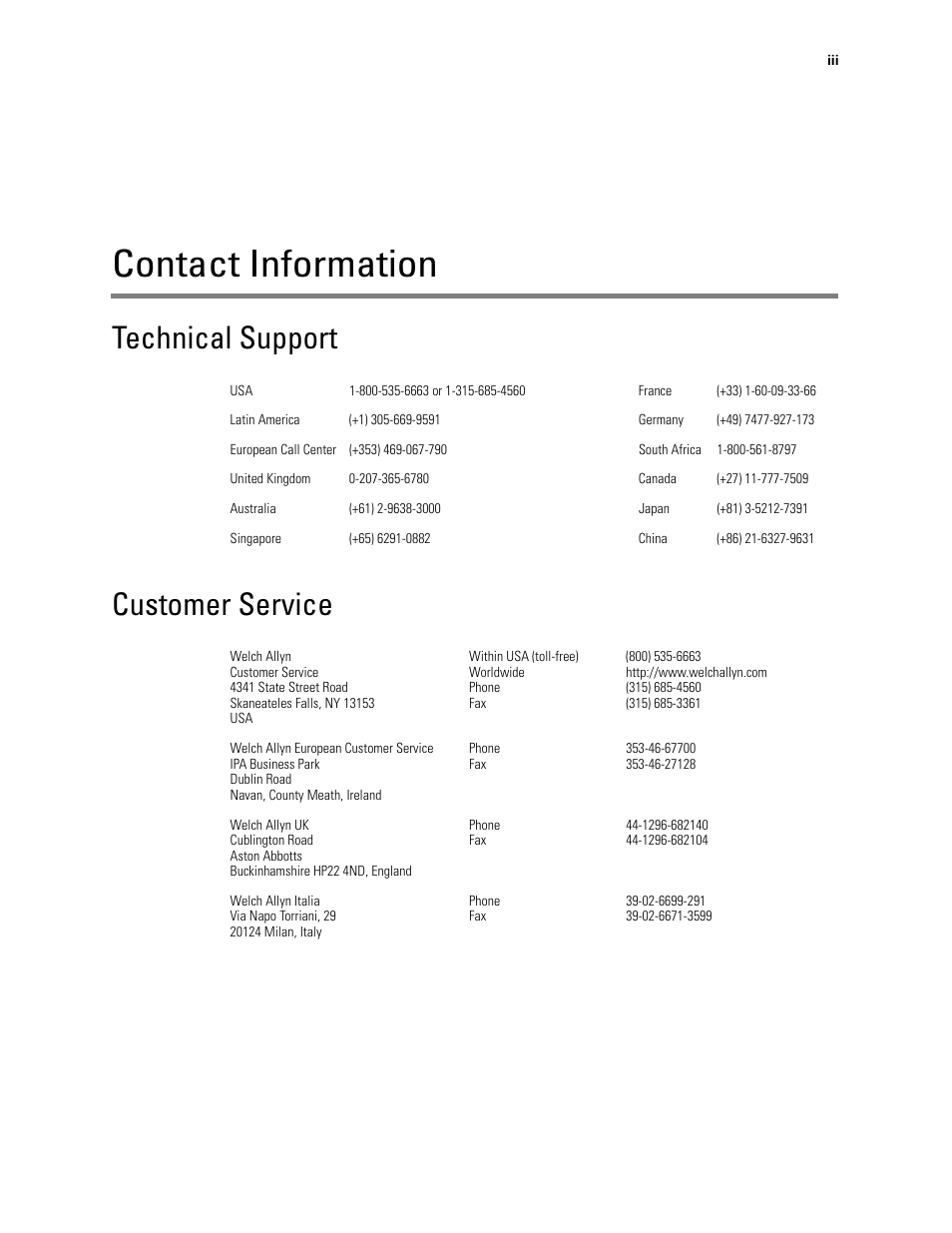 Technical support, Customer service, Contact information | Technical support customer service | Welch Allyn Image Capture System - User Manual User Manual | Page 5 / 50