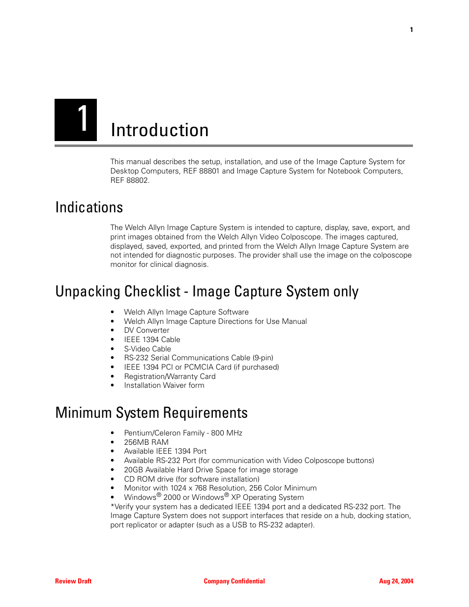 Introduction, Indications, Unpacking checklist - image capture system only | Minimum system requirements, 1 - introduction | Welch Allyn Image Capture System - User Manual User Manual | Page 9 / 50