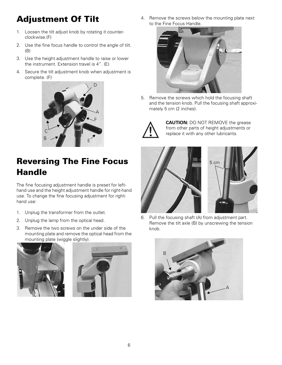 Adjustment of tilt, Reversing the fine focus handle | Welch Allyn 88460 Optical Colposcope with Swing Arm Roller Stand - User Manual User Manual | Page 10 / 18