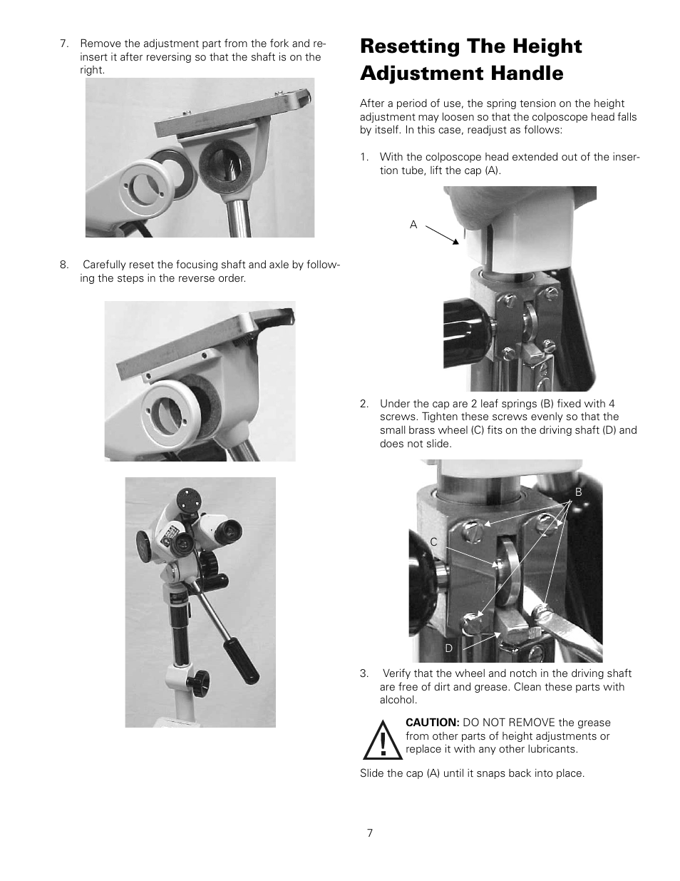 Resetting the height adjustment handle | Welch Allyn 88460 Optical Colposcope with Swing Arm Roller Stand - User Manual User Manual | Page 11 / 18