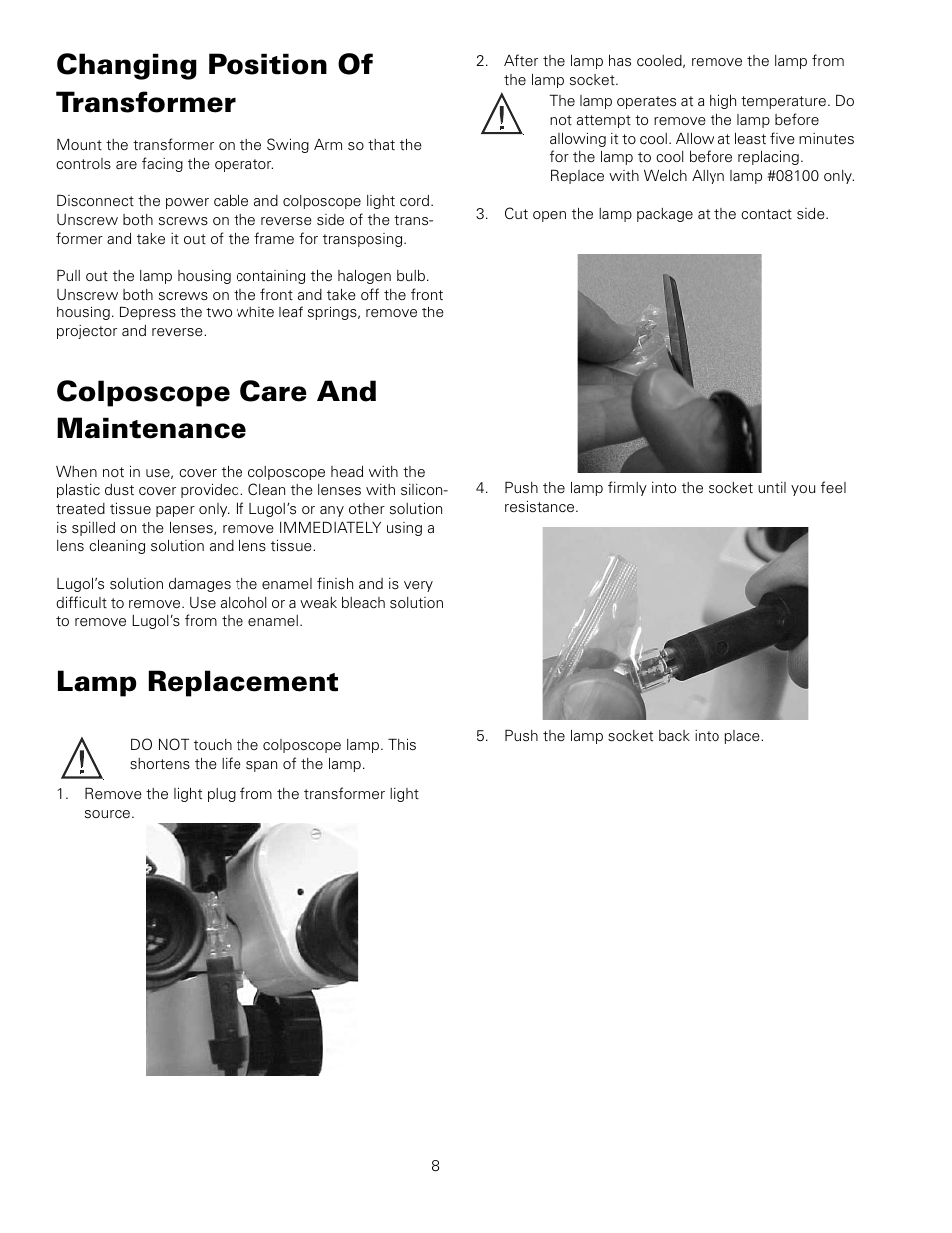 Changing position of transformer, Colposcope care and maintenance, Lamp replacement | Welch Allyn 88460 Optical Colposcope with Swing Arm Roller Stand - User Manual User Manual | Page 12 / 18