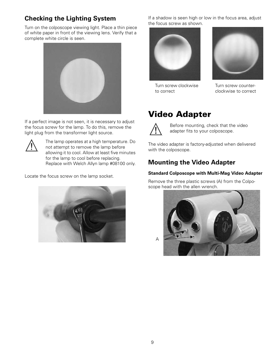 Video adapter, Checking the lighting system, Mounting the video adapter | Welch Allyn 88460 Optical Colposcope with Swing Arm Roller Stand - User Manual User Manual | Page 13 / 18