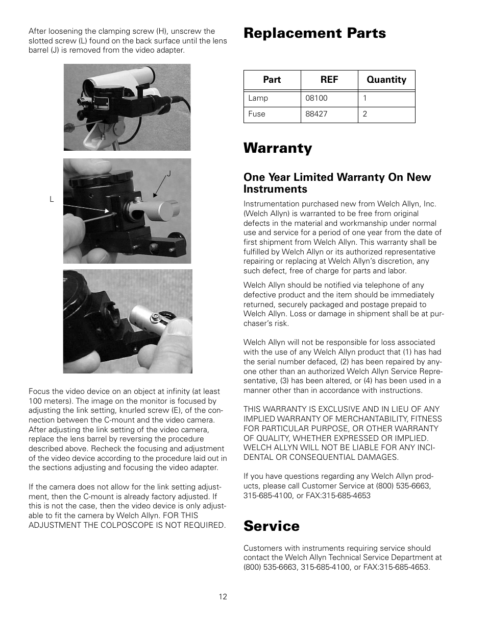 Replacement parts warranty, Service, One year limited warranty on new instruments | Welch Allyn 88460 Optical Colposcope with Swing Arm Roller Stand - User Manual User Manual | Page 16 / 18