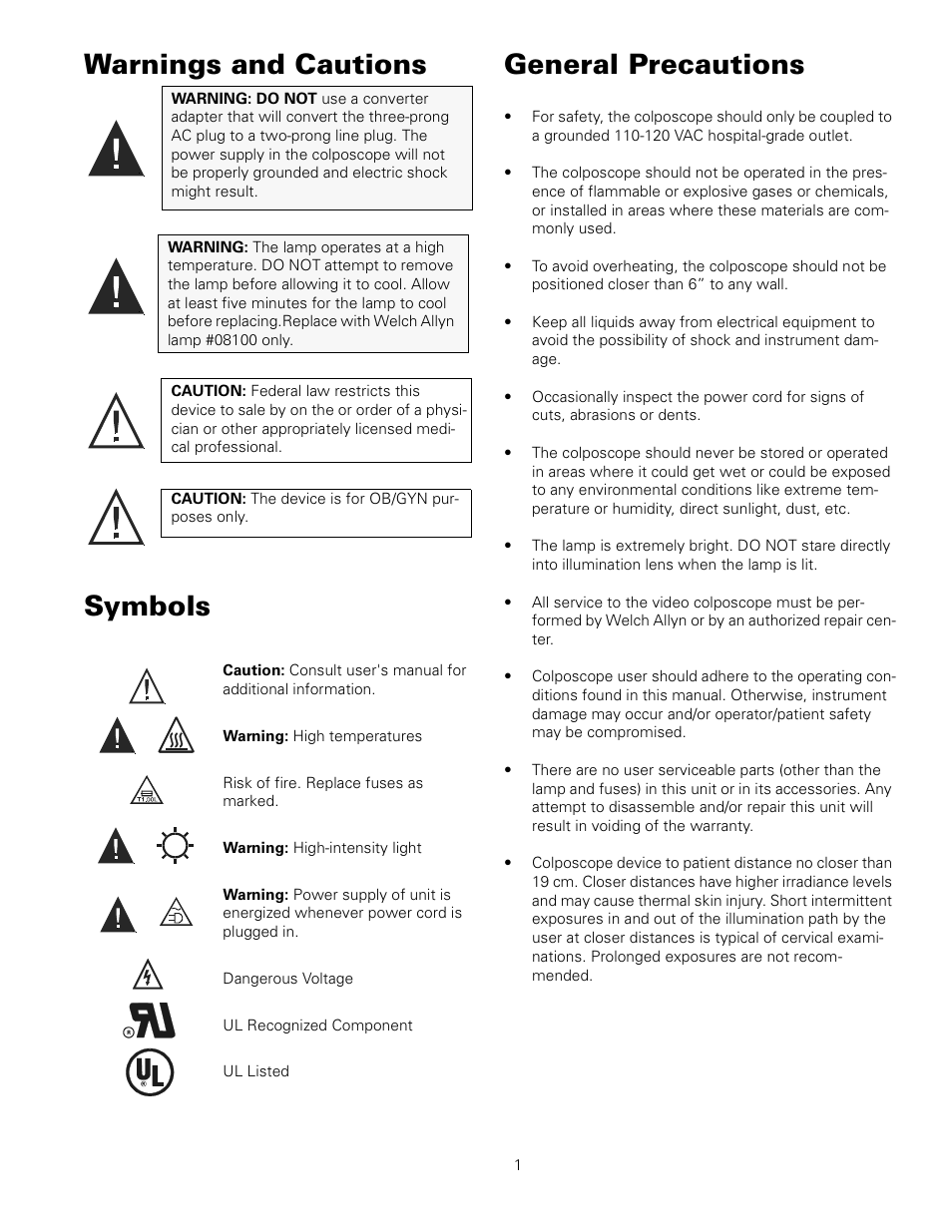 Warnings and cautions symbols, General precautions | Welch Allyn 88460 Optical Colposcope with Swing Arm Roller Stand - User Manual User Manual | Page 5 / 18