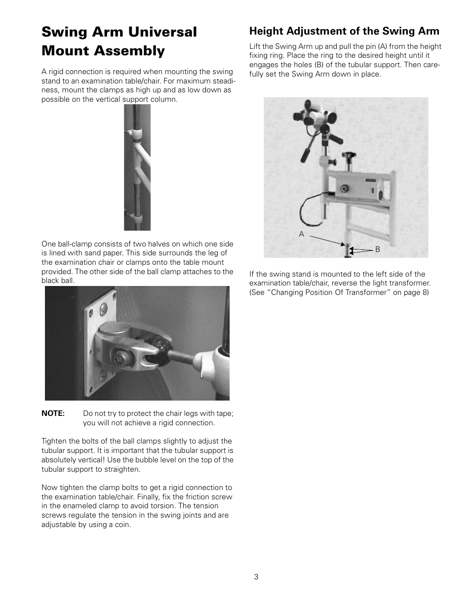 Swing arm universal mount assembly, Height adjustment of the swing arm | Welch Allyn 88460 Optical Colposcope with Swing Arm Roller Stand - User Manual User Manual | Page 7 / 18