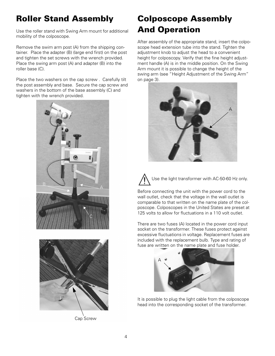 Roller stand assembly, Colposcope assembly and operation | Welch Allyn 88460 Optical Colposcope with Swing Arm Roller Stand - User Manual User Manual | Page 8 / 18