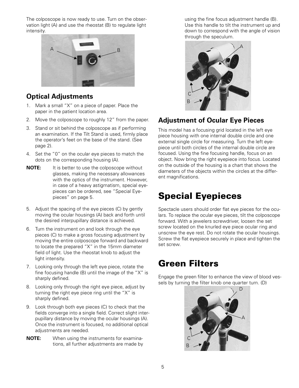 Special eyepieces, Green filters, Optical adjustments | Adjustment of ocular eye pieces | Welch Allyn 88460 Optical Colposcope with Swing Arm Roller Stand - User Manual User Manual | Page 9 / 18