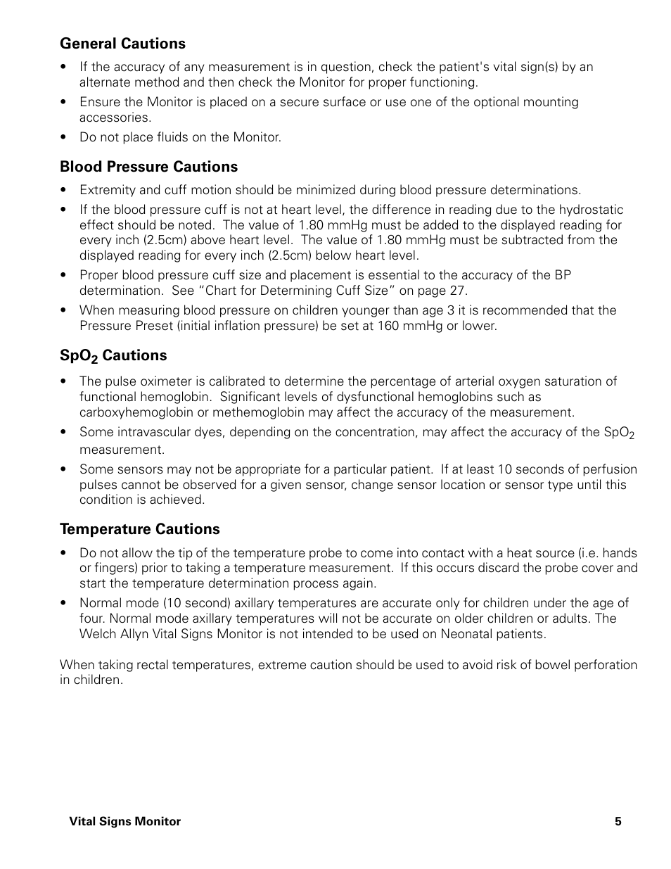 General cautions, Blood pressure cautions, Spo2 cautions | Temperature cautions | Welch Allyn Vital Signs Monitor - User Manual User Manual | Page 11 / 78