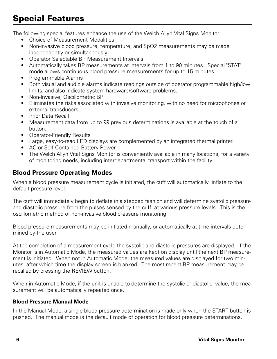 Special features, Blood pressure operating modes, Blood pressure manual mode | Welch Allyn Vital Signs Monitor - User Manual User Manual | Page 12 / 78