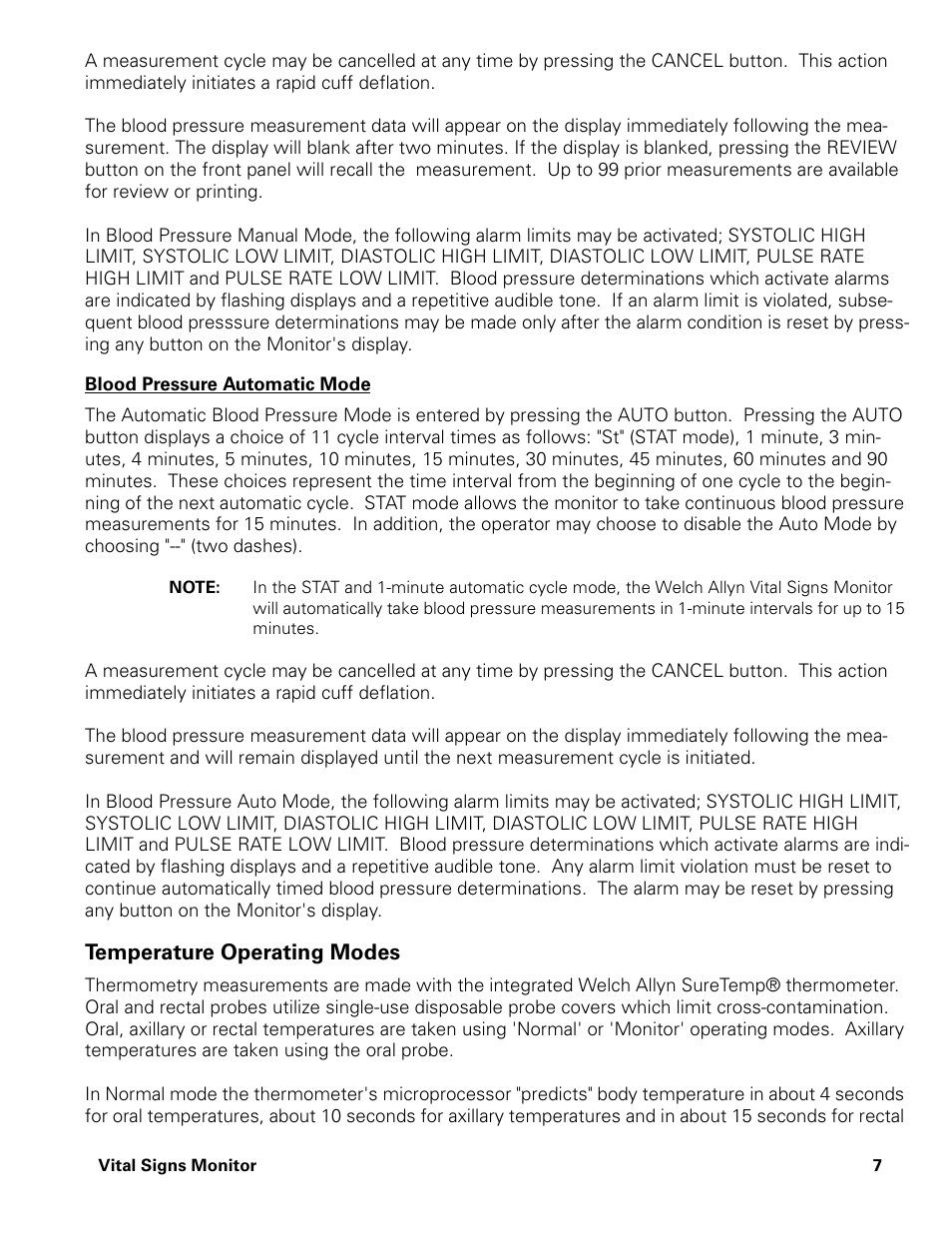 Blood pressure automatic mode, Temperature operating modes | Welch Allyn Vital Signs Monitor - User Manual User Manual | Page 13 / 78