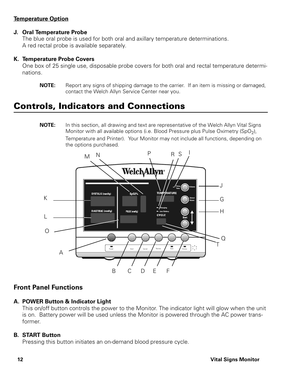 Temperature option, Controls, indicators and connections, Front panel functions | Welch Allyn Vital Signs Monitor - User Manual User Manual | Page 18 / 78