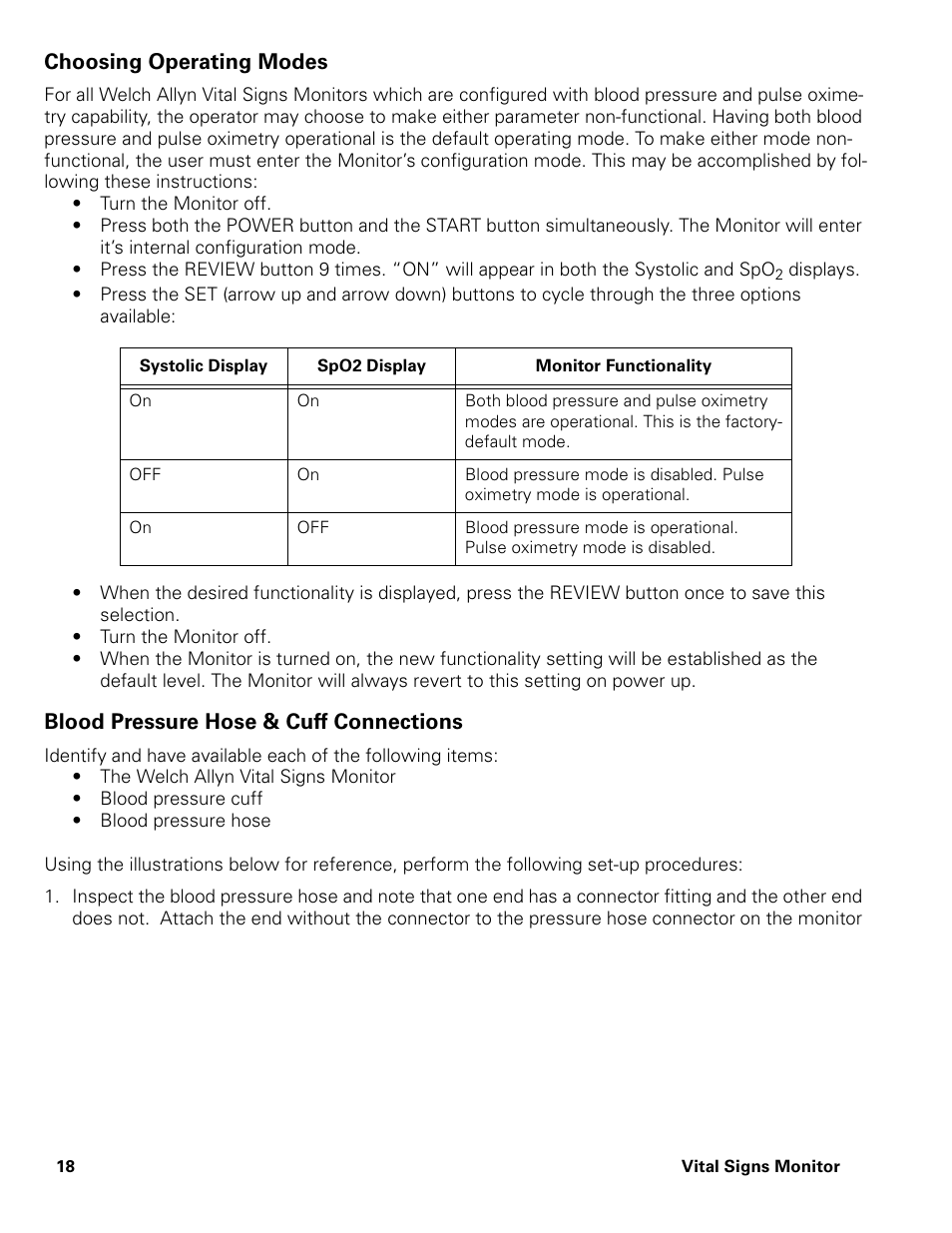 Choosing operating modes, Blood pressure hose & cuff connections | Welch Allyn Vital Signs Monitor - User Manual User Manual | Page 24 / 78