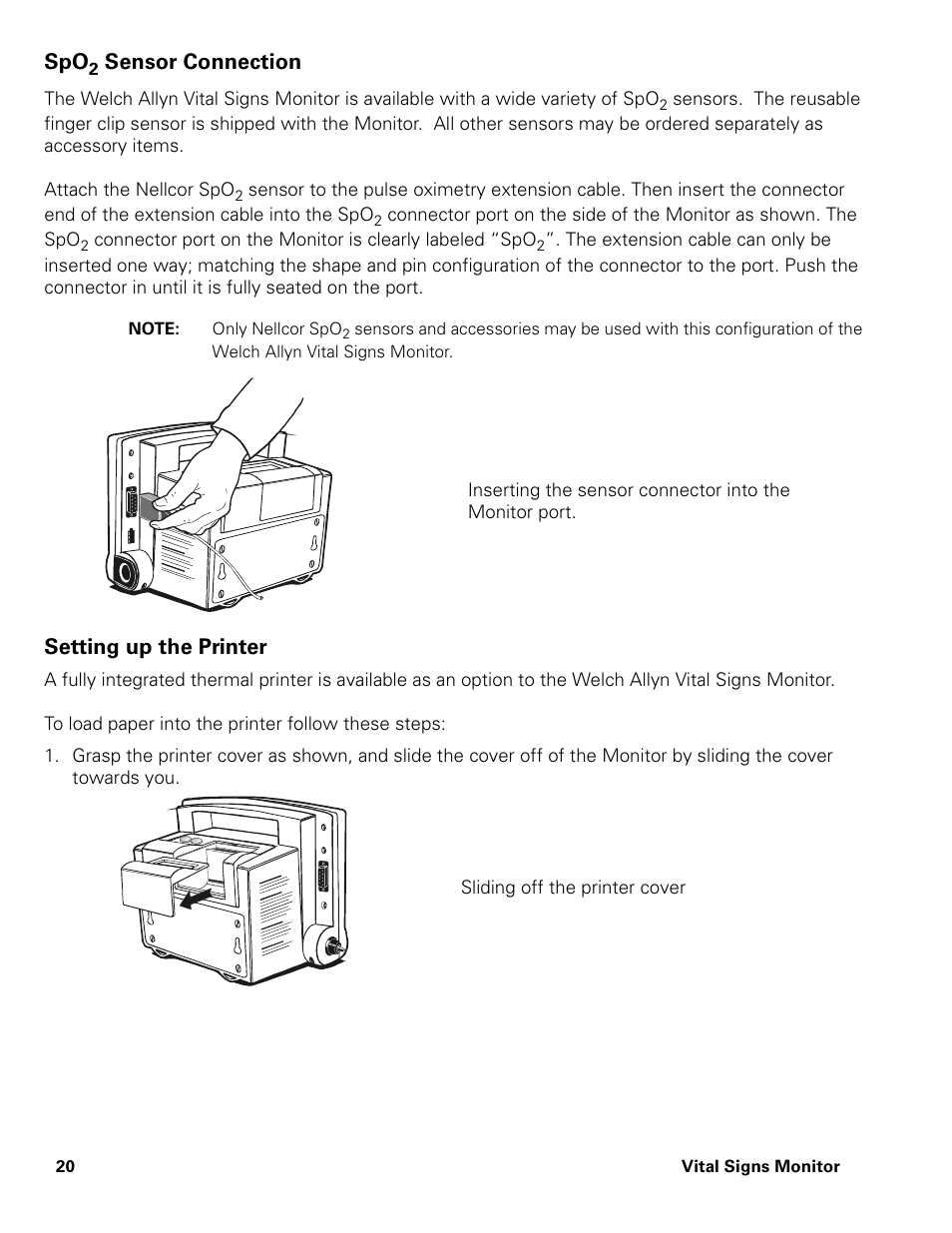 Spo2 sensor connection, Setting up the printer, Sensor connection | Welch Allyn Vital Signs Monitor - User Manual User Manual | Page 26 / 78