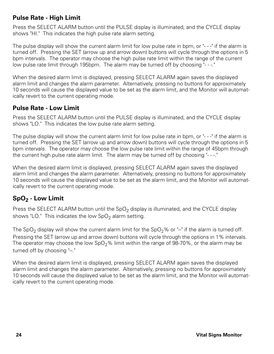 Pulse rate - high limit, Pulse rate - low limit, Spo2 - low limit | Pulse rate - high limit pulse rate - low limit spo | Welch Allyn Vital Signs Monitor - User Manual User Manual | Page 30 / 78