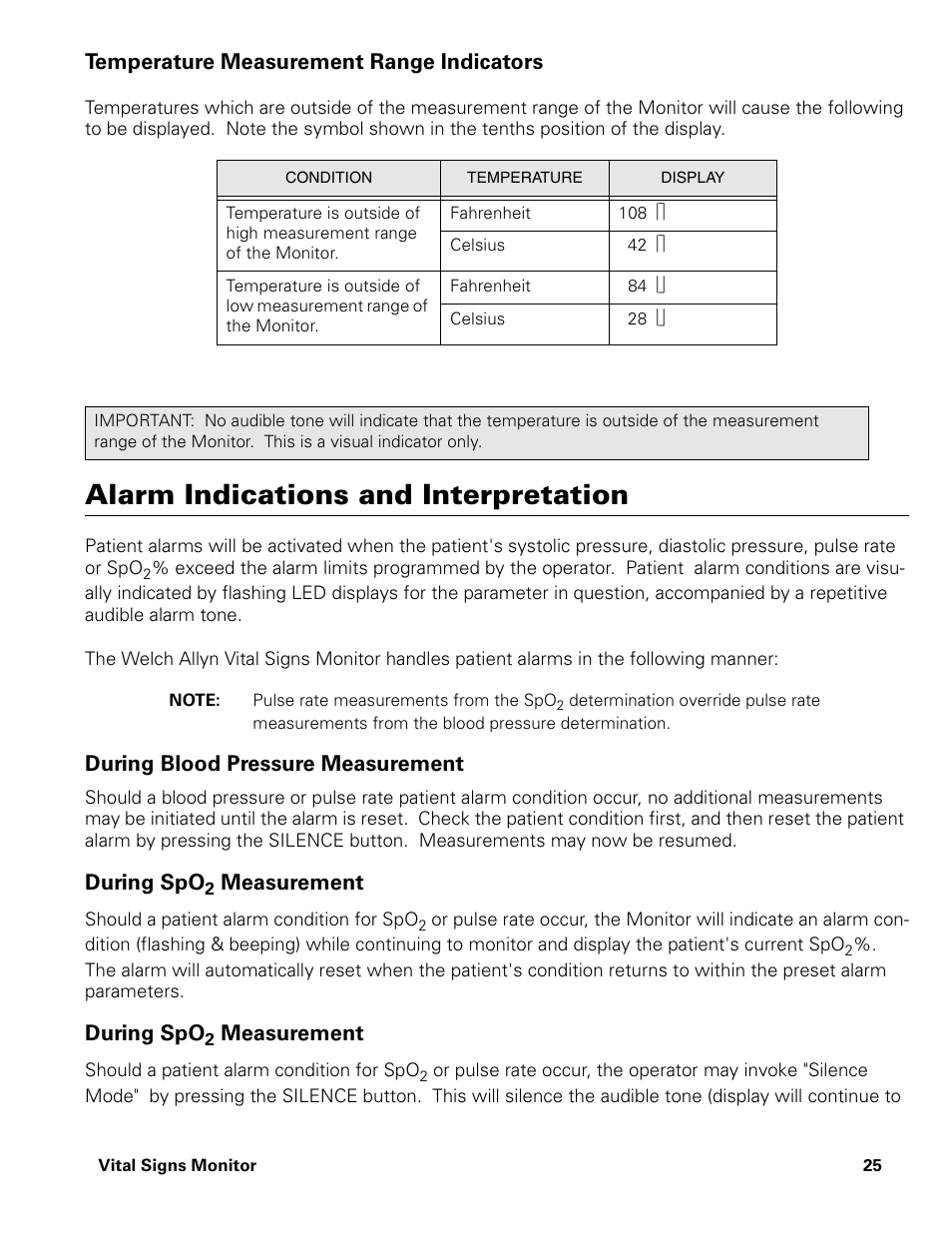 Temperature measurement range indicators, Alarm indications and interpretation, During blood pressure measurement | During spo2 measurement, During spo, Measurement | Welch Allyn Vital Signs Monitor - User Manual User Manual | Page 31 / 78