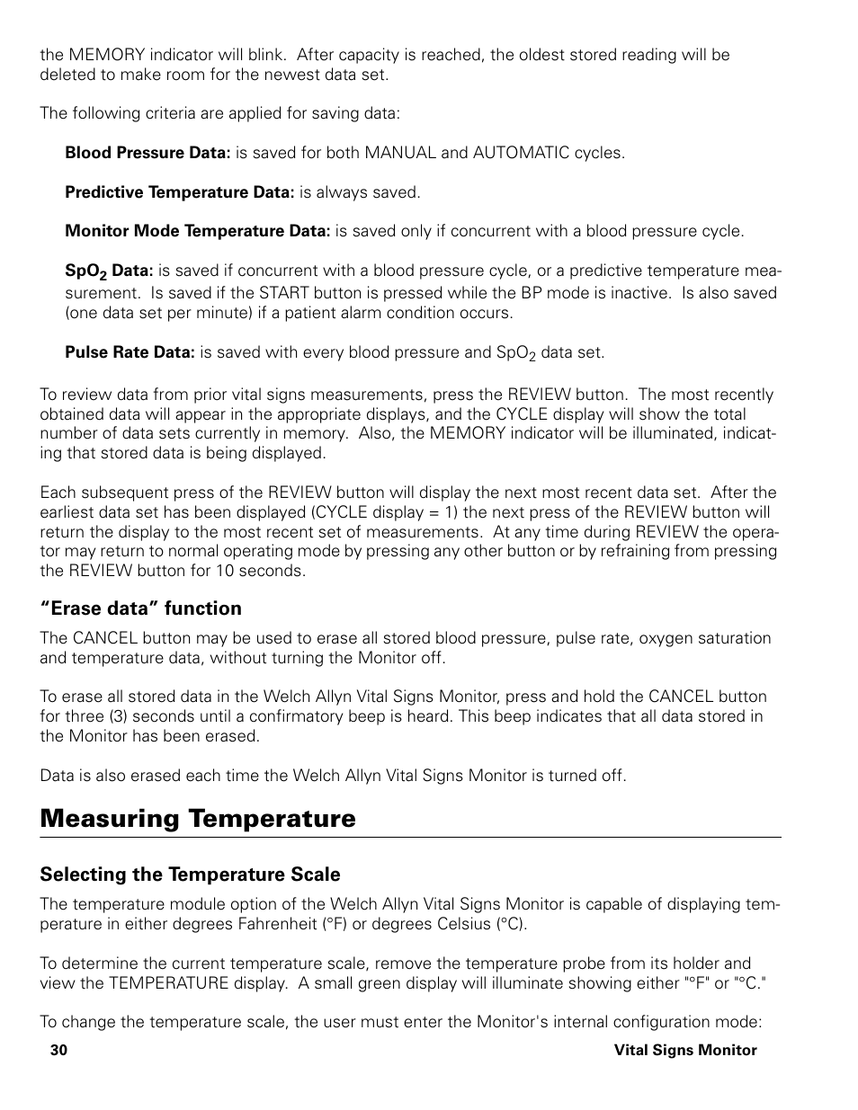 Erase data” function, Measuring temperature, Selecting the temperature scale | Welch Allyn Vital Signs Monitor - User Manual User Manual | Page 36 / 78