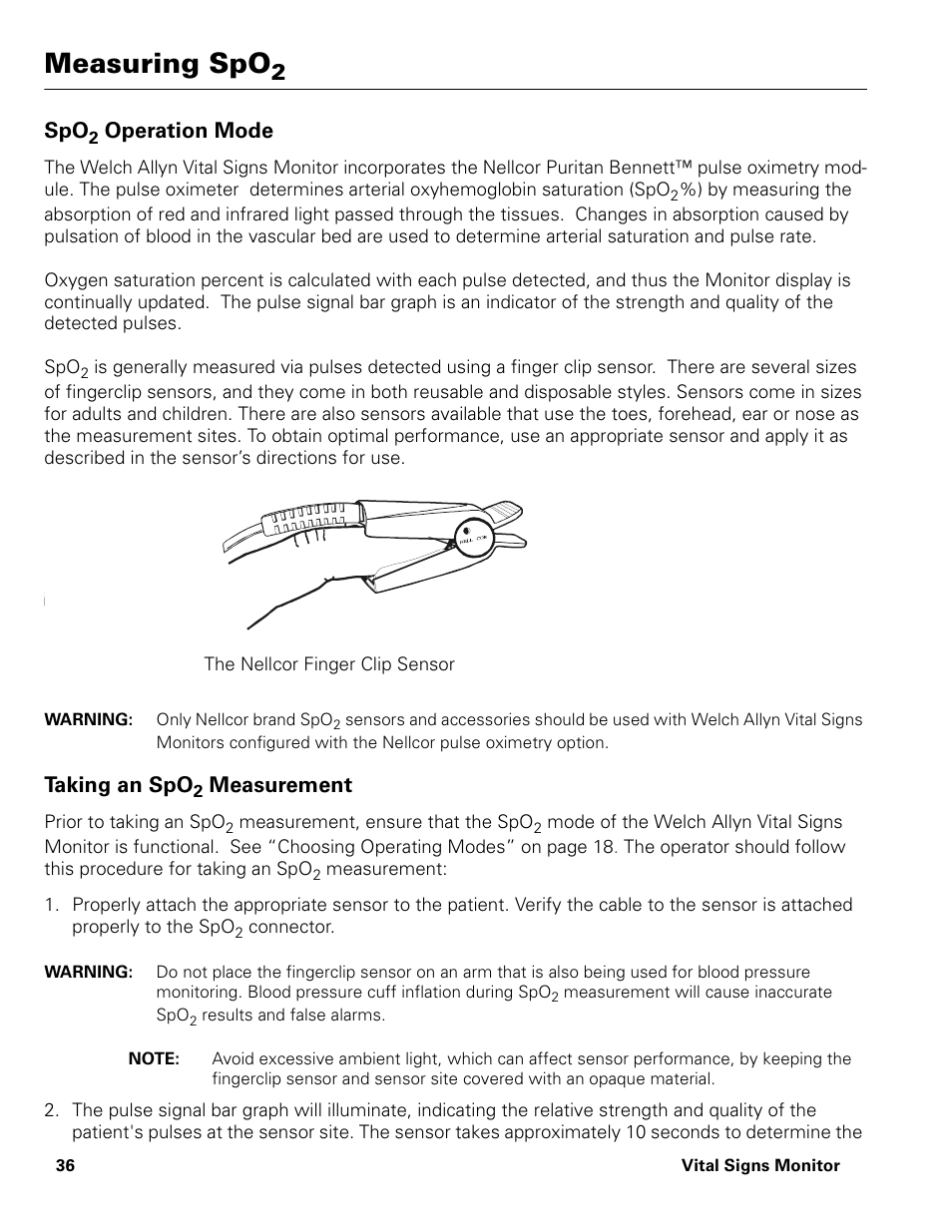 Measuring spo2, Spo2 operation mode, Taking an spo2 measurement | Measuring spo, Taking an spo, Operation mode, Measurement | Welch Allyn Vital Signs Monitor - User Manual User Manual | Page 42 / 78