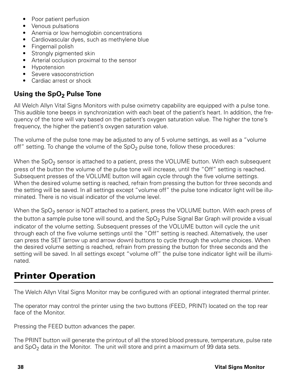 Using the spo2 pulse tone, Printer operation, Using the spo | Welch Allyn Vital Signs Monitor - User Manual User Manual | Page 44 / 78
