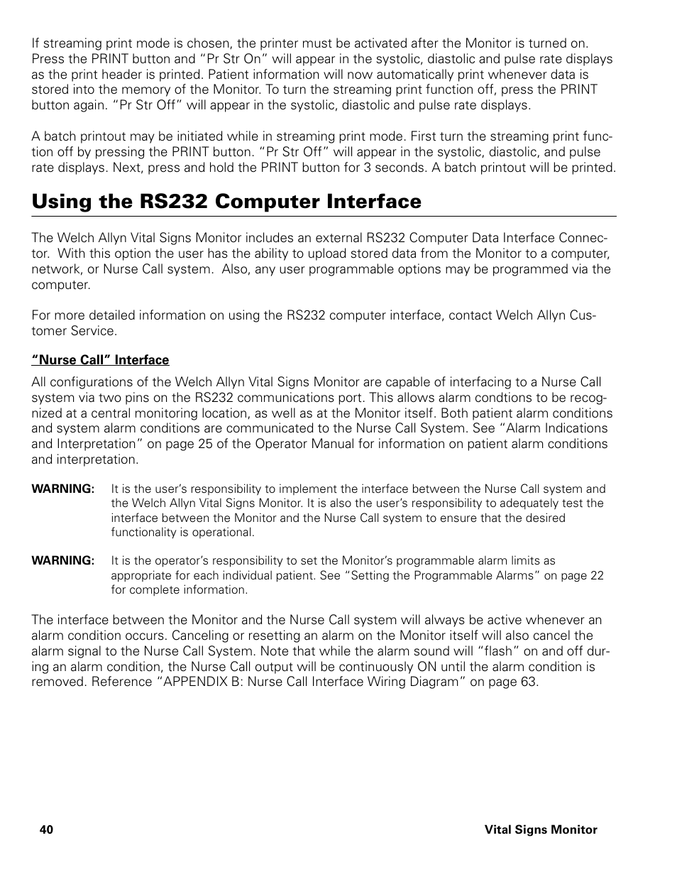 Using the rs232 computer interface, Nurse call” interface | Welch Allyn Vital Signs Monitor - User Manual User Manual | Page 46 / 78