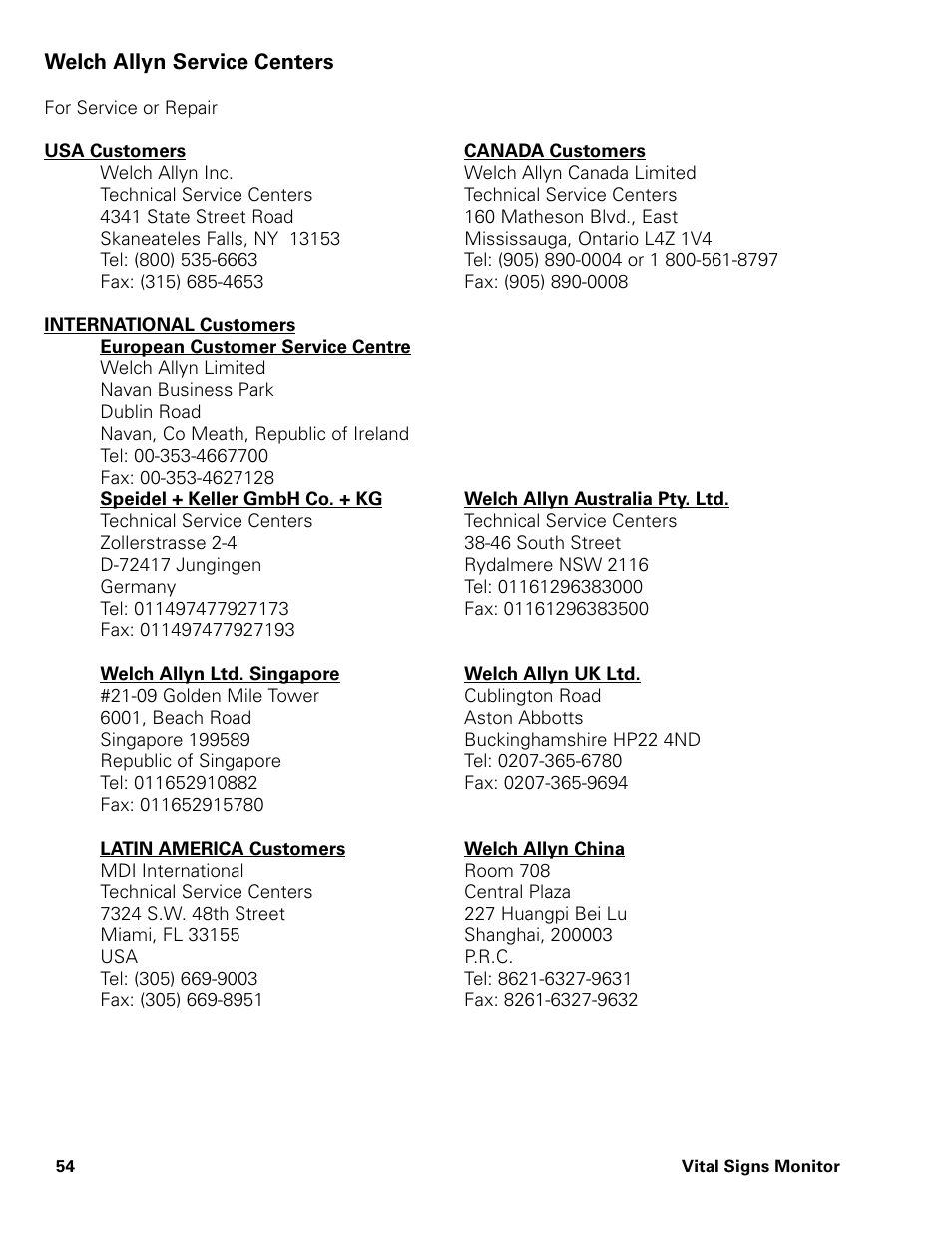 Welch allyn service centers | Welch Allyn Vital Signs Monitor - User Manual User Manual | Page 60 / 78