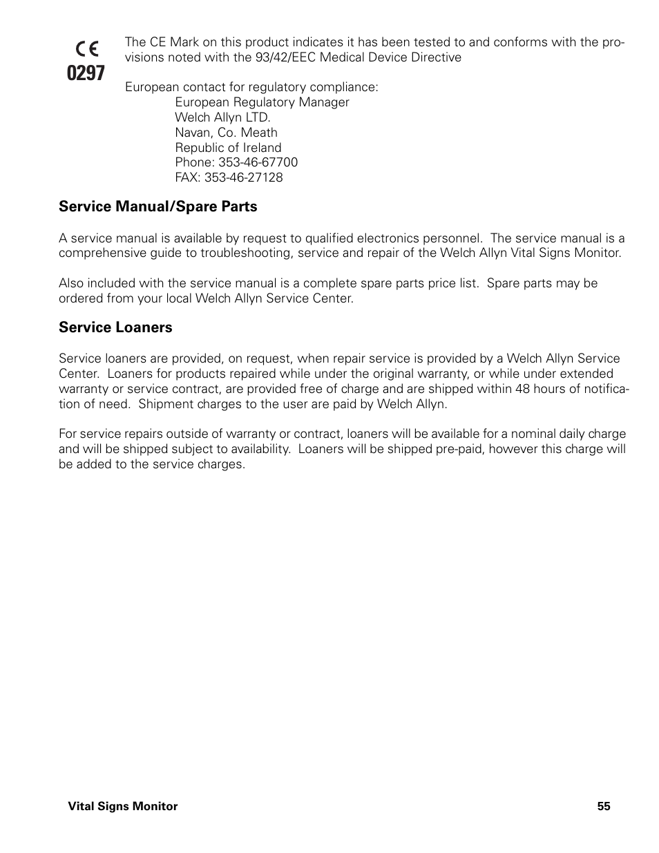 Service manual/spare parts, Service loaners | Welch Allyn Vital Signs Monitor - User Manual User Manual | Page 61 / 78