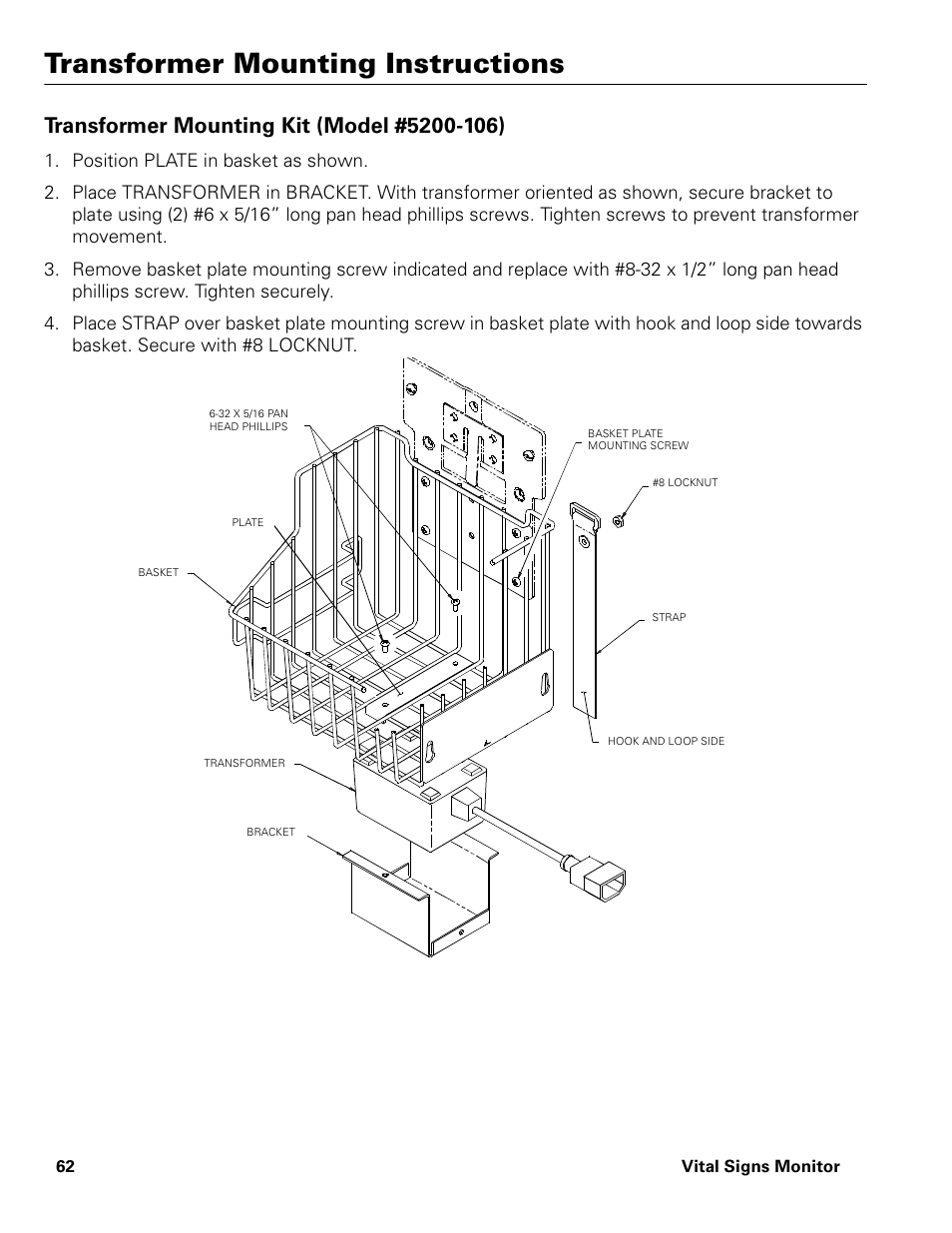 Position plate in basket as shown, Transformer mounting instructions | Welch Allyn Vital Signs Monitor - User Manual User Manual | Page 68 / 78