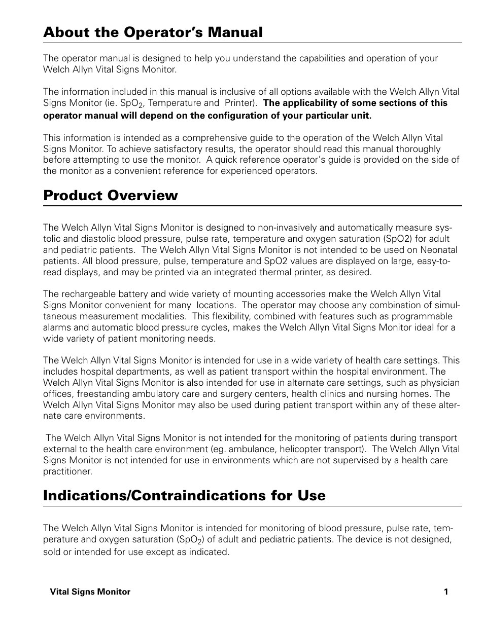 About the operator’s manual, Product overview, Indications/contraindications for use | Welch Allyn Vital Signs Monitor - User Manual User Manual | Page 7 / 78
