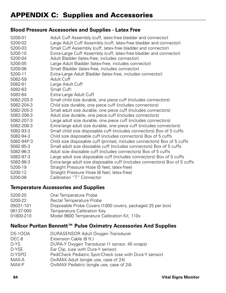 Appendix c: supplies and accessories | Welch Allyn Vital Signs Monitor - User Manual User Manual | Page 70 / 78