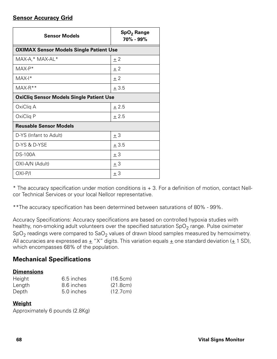 Sensor accuracy grid, Mechanical specifications | Welch Allyn Vital Signs Monitor - User Manual User Manual | Page 74 / 78