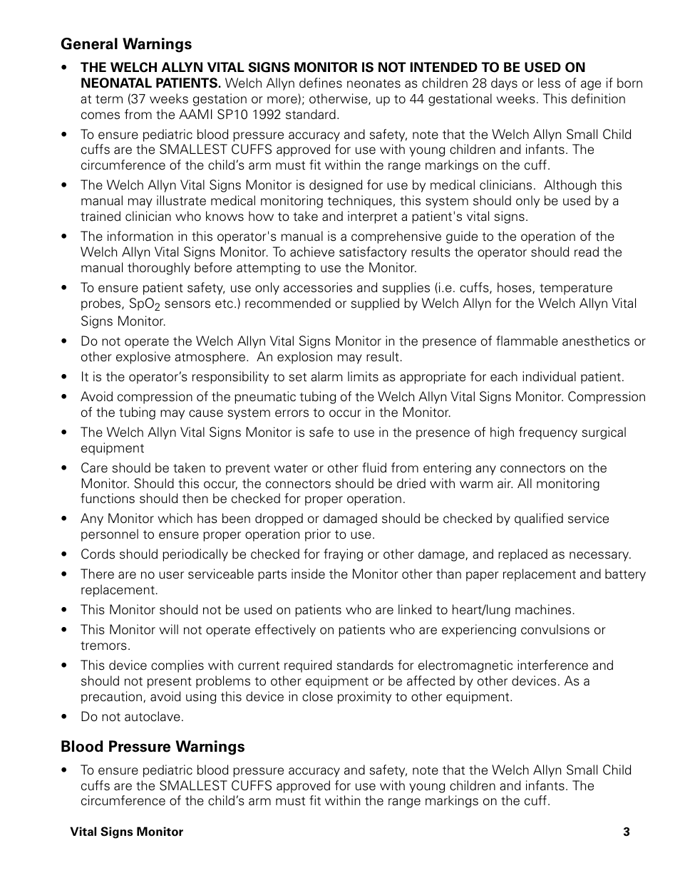 General warnings, Blood pressure warnings | Welch Allyn Vital Signs Monitor - User Manual User Manual | Page 9 / 78