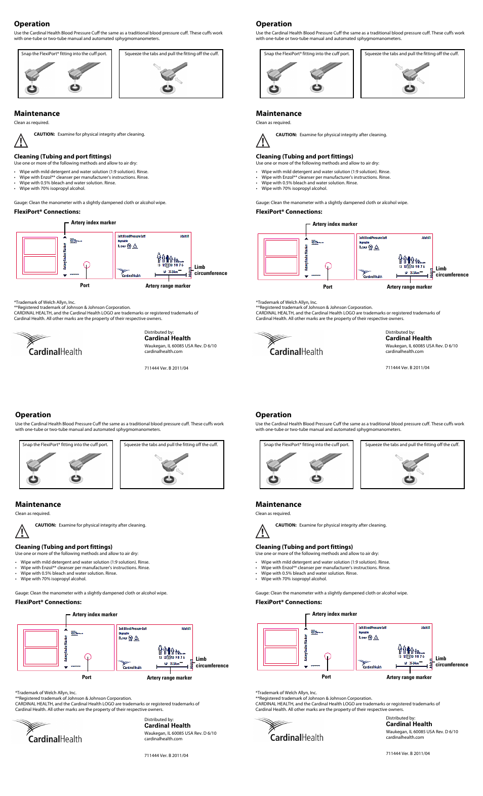 Operation, Maintenance, Cleaning (tubing and port fittings) | Flexiport* connections | Welch Allyn Disposable Blood Pressure Cuffs with FlexiPort Technology - User Manual User Manual | Page 2 / 2