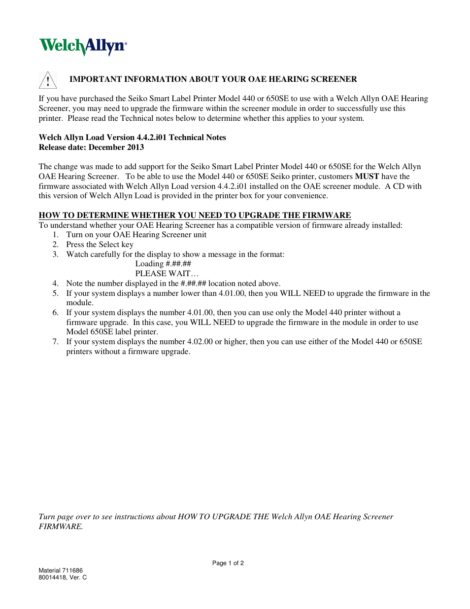 Welch Allyn OAE Hearing Screener Firmware Update For 440 Seiko Printer Connection - User Manual User Manual | 2 pages