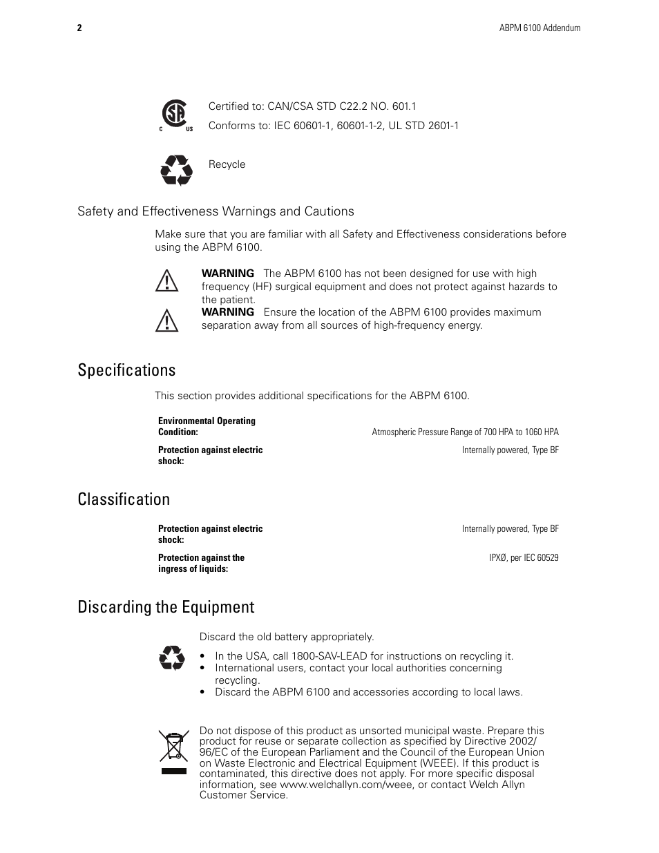 Specifications, Classification discarding the equipment | Welch Allyn ABPM 6100 Addendum User Manual | Page 2 / 2