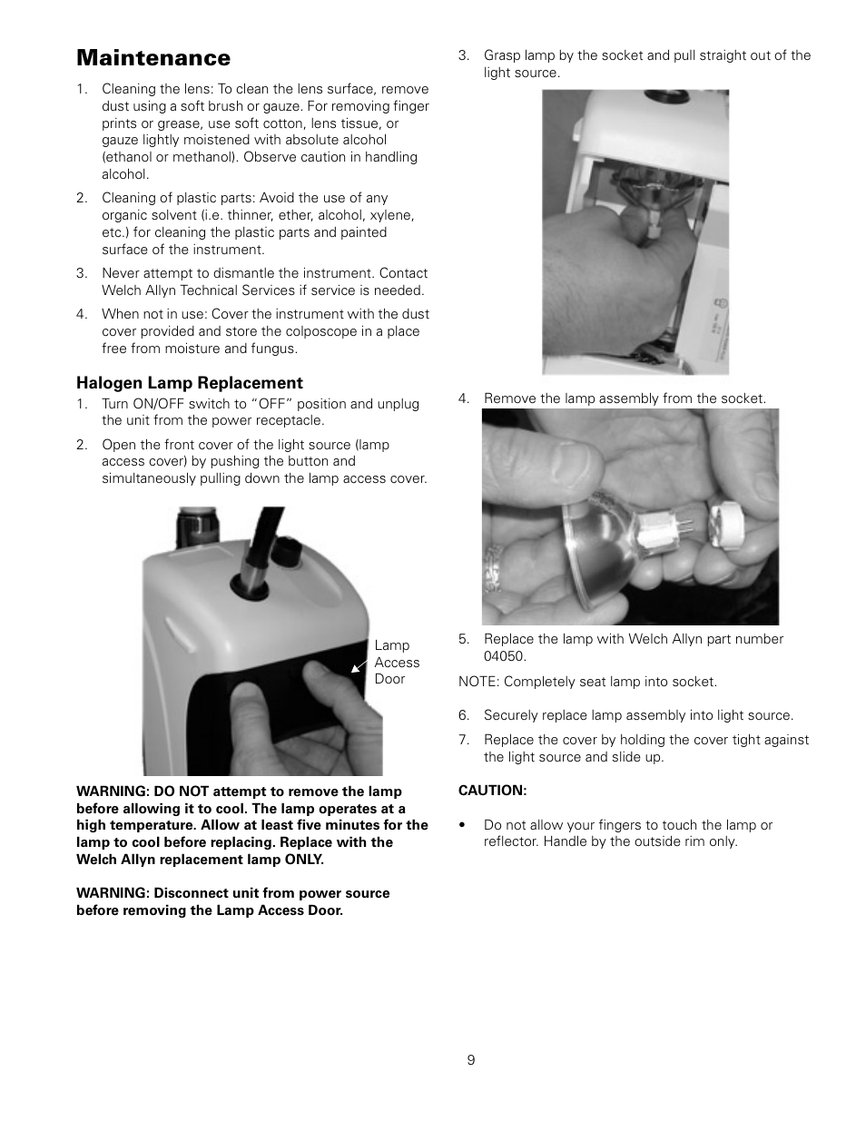 Maintenance, Halogen lamp replacement, Remove the lamp assembly from the socket | Securely replace lamp assembly into light source | Welch Allyn Vital Signs Monitor, Mounting Accessories - User Manual User Manual | Page 13 / 16