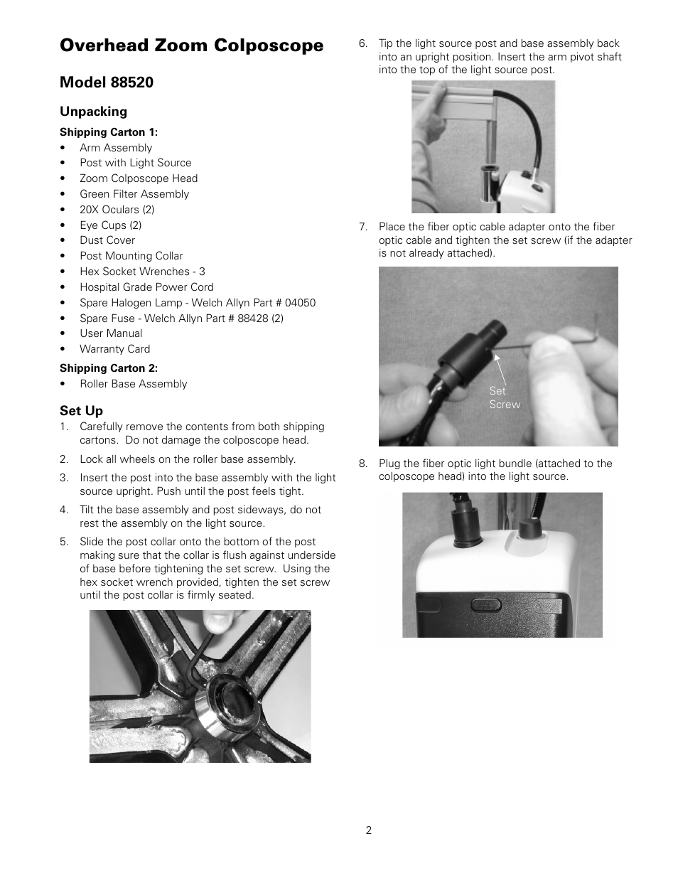 Overhead zoom colposcope, Model 88520, Unpacking | Shipping carton 1, Shipping carton 2, Set up, Lock all wheels on the roller base assembly, Unpacking set up | Welch Allyn Vital Signs Monitor, Mounting Accessories - User Manual User Manual | Page 6 / 16
