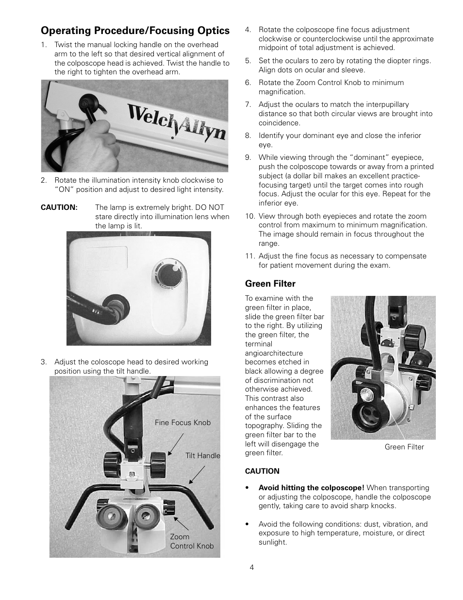 Operating procedure/focusing optics, Green filter, Caution | Operating procedure/focusing optics green filter | Welch Allyn Vital Signs Monitor, Mounting Accessories - User Manual User Manual | Page 8 / 16