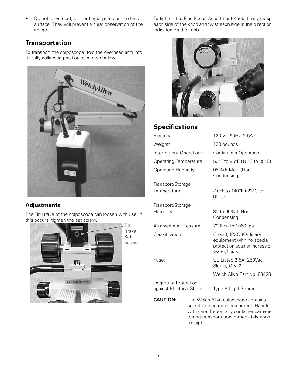 Transportation, Adjustments, Specifications | Transport/storage, Transportation adjustments specifications | Welch Allyn Vital Signs Monitor, Mounting Accessories - User Manual User Manual | Page 9 / 16