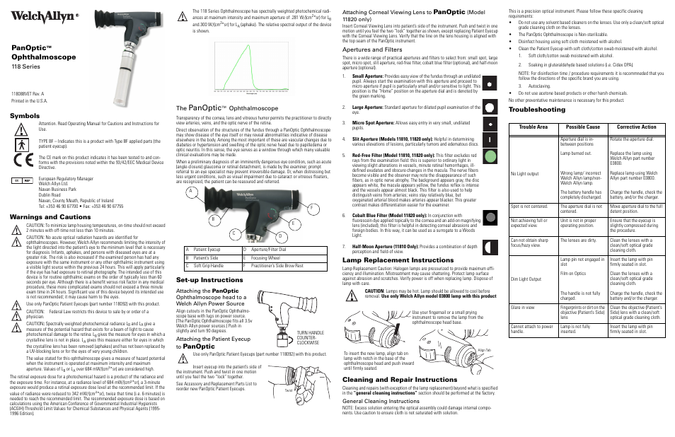 Welch Allyn 118 Series PanOptic Ophthalmoscope - User Manual User Manual | 26 pages